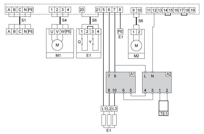 Типовая схема подключения вентиляторов, электрокалорифера и МРТ380 к БС25 (БС40)